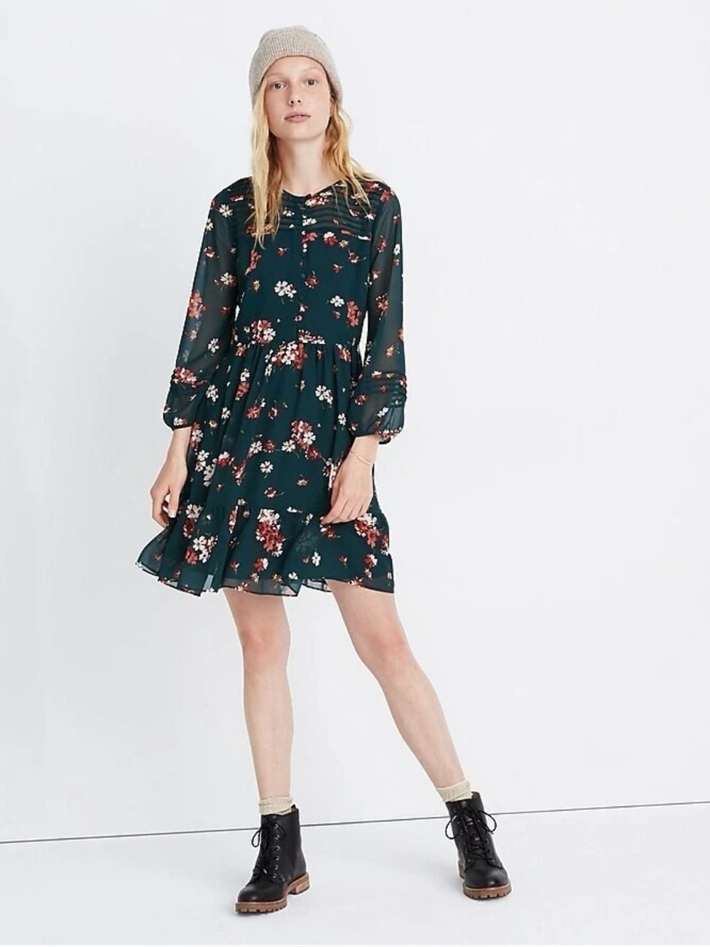 Madewell Sheer-Sleeve Pintuck Ruffle Dress in Spruce Blooms size 10